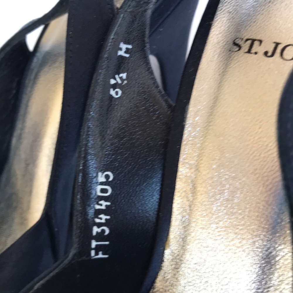 St. John black satiny platform heels with ankle strap, crystal buckle, size 6.5 - Picture 6 of 7